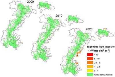 Dynamic threats of nighttime light-represented human activities to giant pandas and their habitat